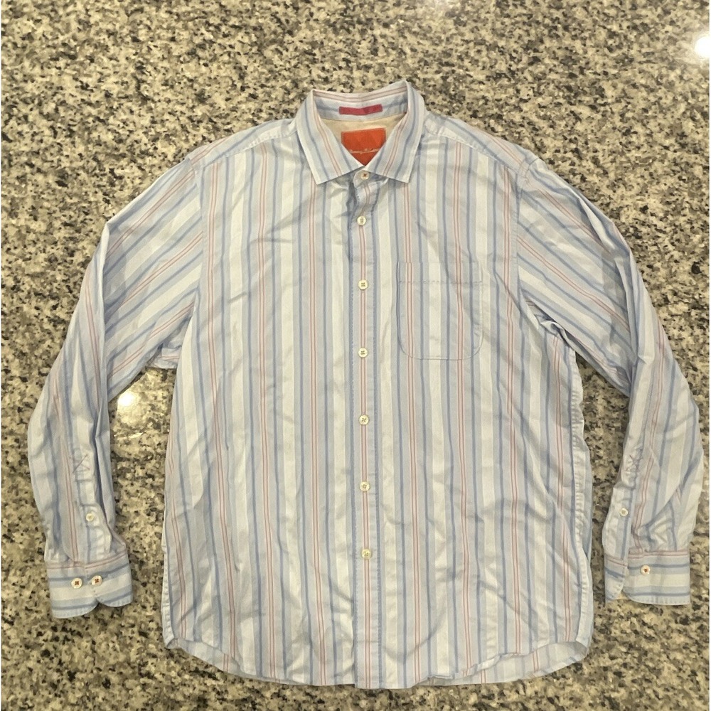 Tommy Bahama Mens Large Blue Striped‎ Casual Dress Shirt #G80